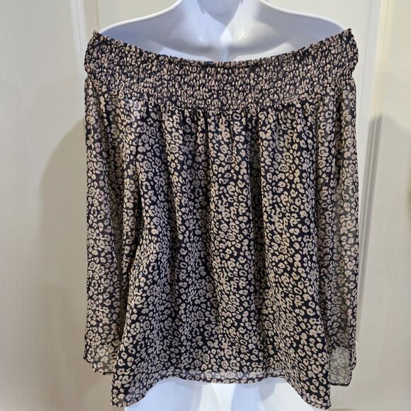 Rebecca Minkoff ✦ Smocked Off-Shoulder Top ✦ Sheer Overlay Floral Navy Tan Sz S - Picture 9 of 16